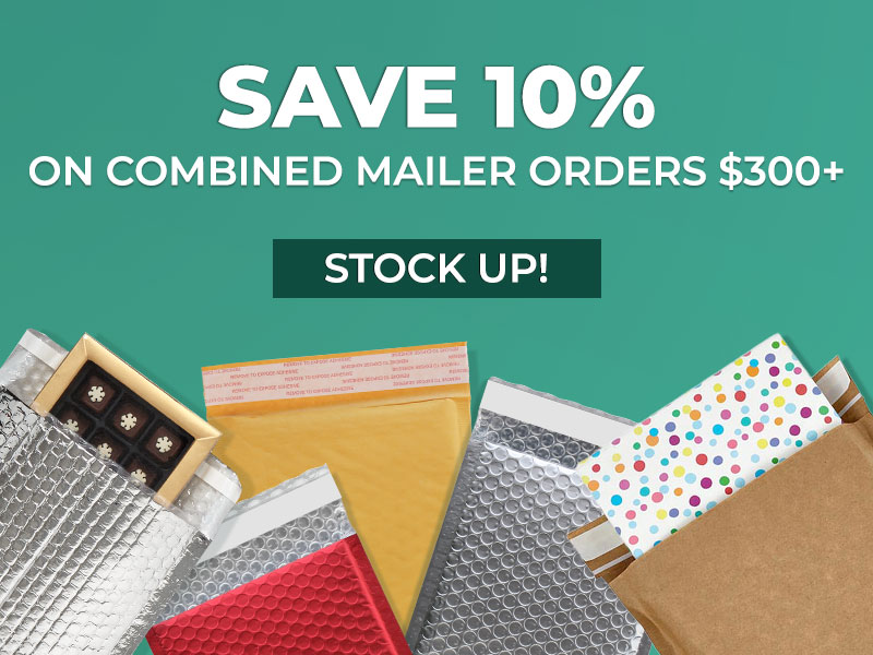 10% Off $300+ Bulk Bubble Mailers